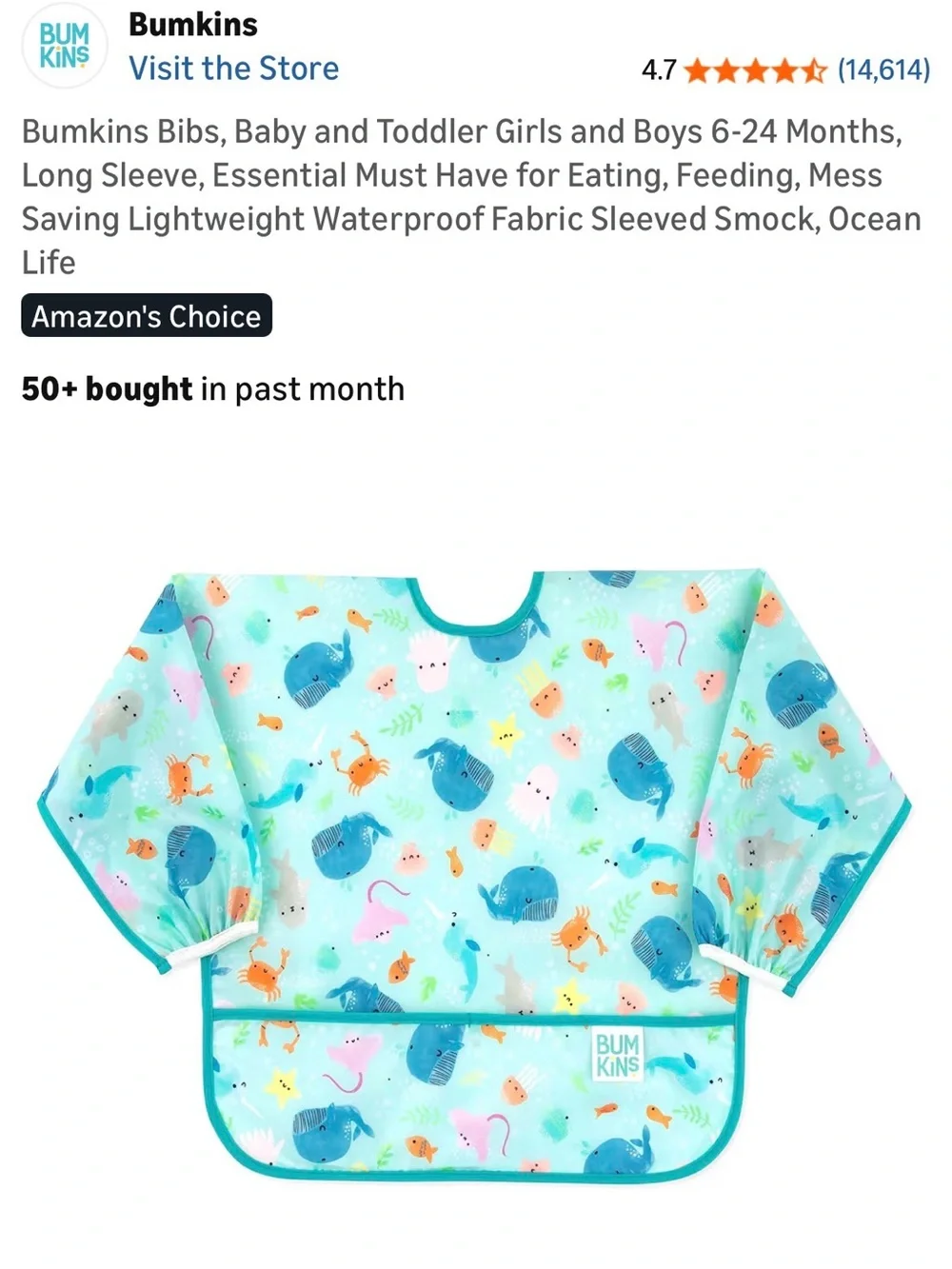 Bumkins Blue Sea Creatures Waterproof Long-Sleeve Bib